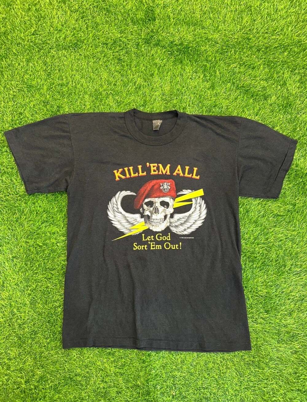 Vintage 1986 JRS Enterprises Kill Em All Let God Sort Em Out T-Shirt Black